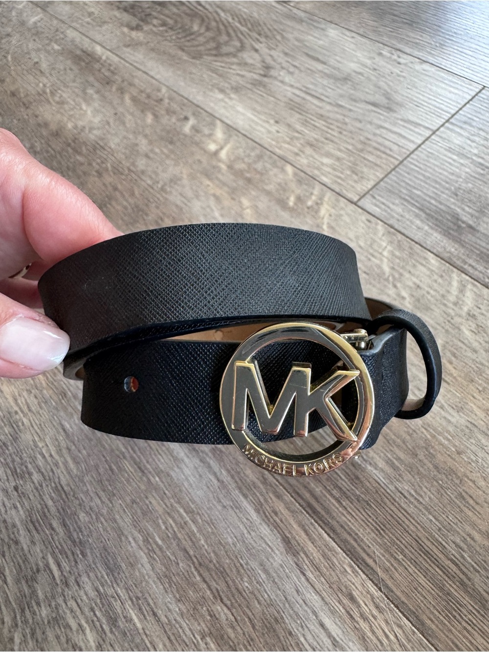 Michael Kors Slim Geuine Leather Belt with Gold MK Logo Buckle - Size: Medium